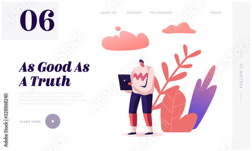 People Read Fake News Landing Page Template. Man Reading News on Tablet Pc. Male Character Use Gadget for Browsing Information in Internet Online Surfing and Info Research. Cartoon Vector Illustration