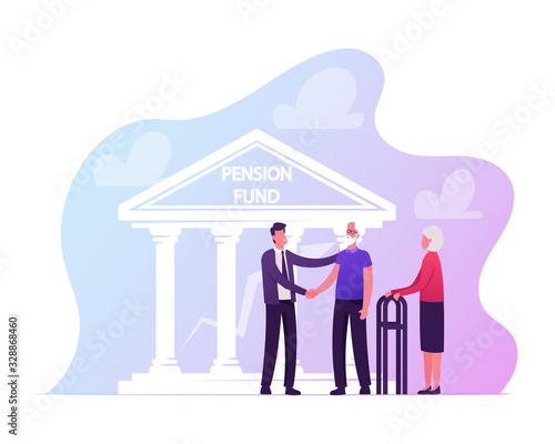 Positive Aged Couple Consulting with Insurance Agent Character who Shaking Hand to Senior Man Explaining Options Regarding the Deal Front of Pension Fund Building. Cartoon People Vector Illustration