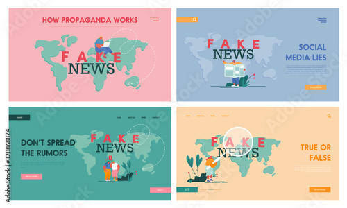 Fake News, Info Fabrication, Gossips Landing Page Template Set. People Characters Reading Newspapers and Social Media Information in Internet on World Map Background. Cartoon Vector Illustration