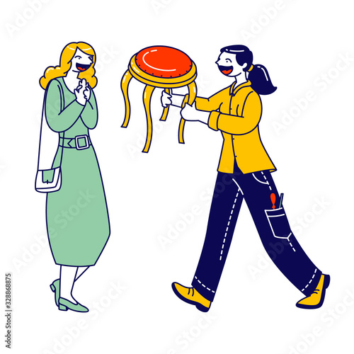 Happy Woman Designer Character Giving Renovated Stool to Grateful Customer. Restoration and Modernization Works Business or Hobby. People Engaged Creative Activity, Service. Linear Vector Illustration