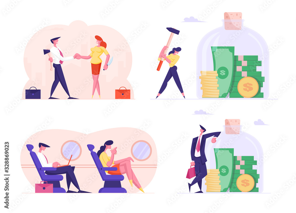 Set of Business People Travel by Airplane, Collecting Money, Prepare Betrayal. Cartoon Characters Holding Ax and Knife, Hitting Glass Jar Isolated on White Background. Vector Illustration, Clip Art
