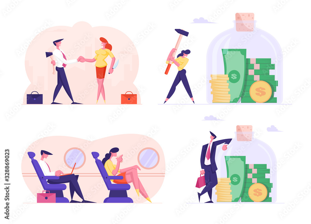 Set of Business People Travel by Airplane, Collecting Money, Prepare Betrayal. Cartoon Characters Holding Ax and Knife, Hitting Glass Jar Isolated on White Background. Vector Illustration, Clip Art Set of Business People Travel by Airplane, Collecting Money, Prepare Betrayal. Cartoon Characters Holding Ax and Knife, Hitting Glass Jar Isolated on White Background. Vector Illustration, Clip Art
