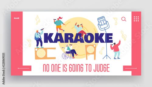 People Sing in Karaoke Club Concept for Landing Page Template. Male and Female Characters Sing with Microphones and Dynamics on Stage. Holidays and Recreation Time. Cartoon Vector Illustration
