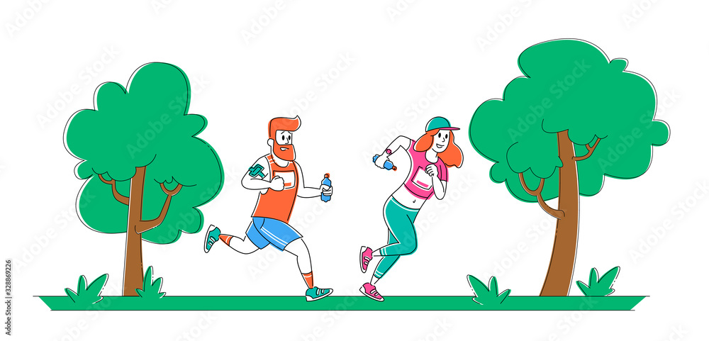 Man and Woman Characters in Sports Wear Running City Marathon on Nature Landscape Background. Summer Outdoor Sport Activity. Jogging and Sport Healthy Lifestyle. Linear People Vector Illustration Man and Woman Characters in Sports Wear Running City Marathon on Nature Landscape Background. Summer Outdoor Sport Activity. Jogging and Sport Healthy Lifestyle. Linear People Vector Illustration