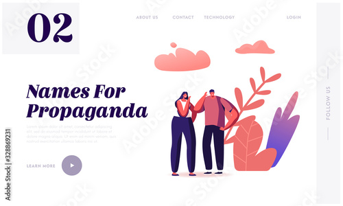 Fake News Landing Page Template. Characters Telling Gossips and Scandal Tales to Each Other on Street. People Spreading Wrong Scandalize Information, Mass Media False Info. Cartoon Vector Illustration
