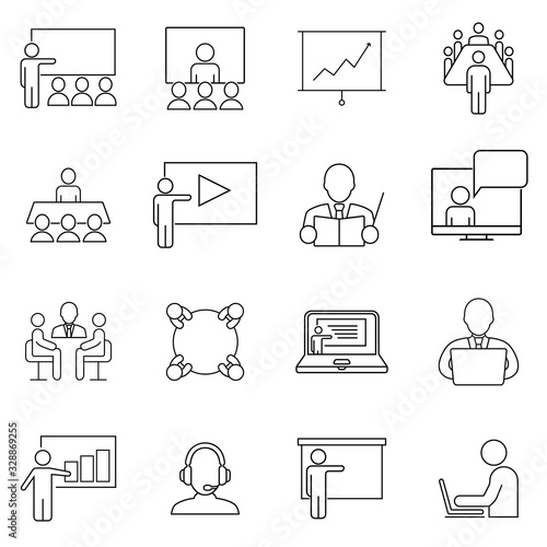 Business people,presentation,training, video conference icon set in thin line style. Symbol, logo illustration.