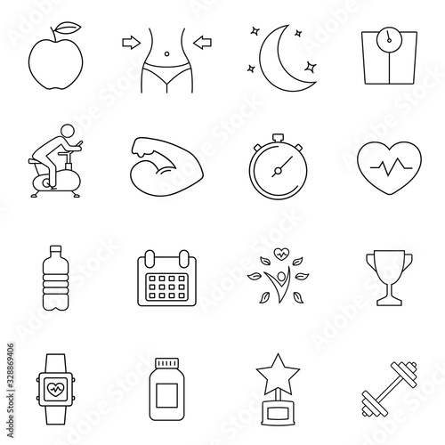 Fitness thick line icons, healthy lifestyle, training, workout, biceps icon isolated over white, vector illustration. Premium symbols.