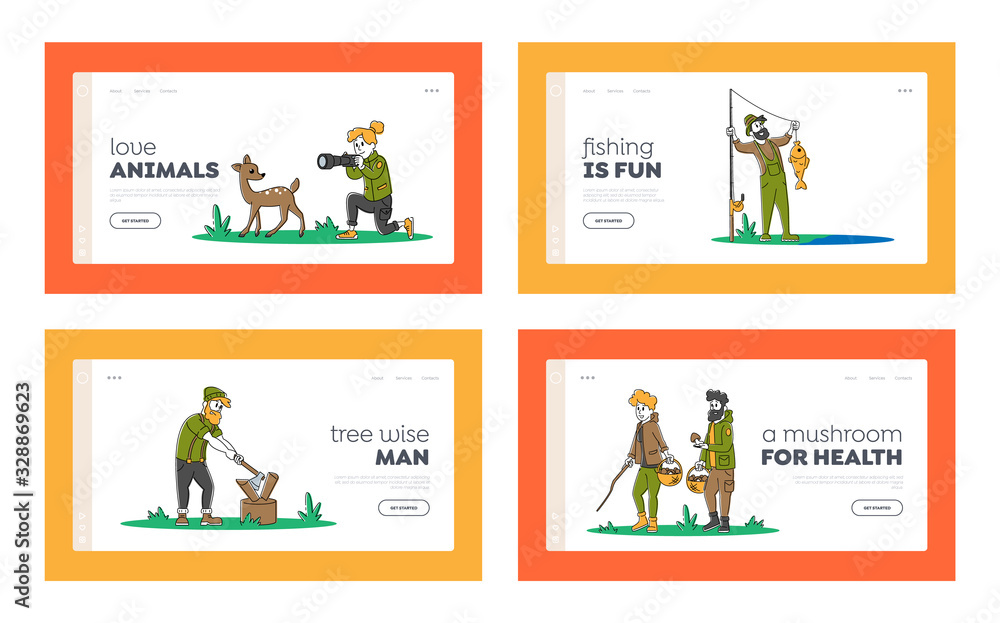 People Outdoors Active Rest Landing Page Template Set. Male Female Characters Leisure Time. Men and Women Relaxing, Fishing, Taking Pictures, Pick Up Mushrooms Camping. Linear Vector Illustration