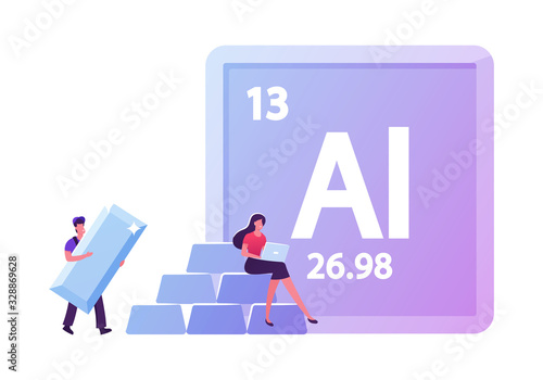 Aluminium Mendeleev Table Chemical Element. Tiny Male Character Carry Huge Aluminum Bar, Woman Sitting on Pile of Bars Working on Laptop. People Using Ai Metal in Life. Cartoon Vector Illustration