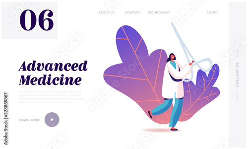 Medic Character Professional Occupation Landing Page Template. Doctor, Medical Nurse Carry Huge Surgical Clamp for Conducting Appendicitis Surgery in Hospital, Treatment. Cartoon Vector Illustration