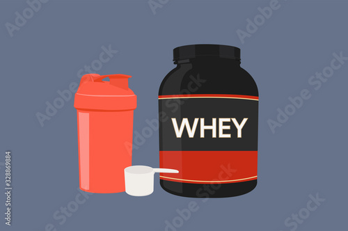 Vector Illustrations of a Shaker, Scoop and a Whey Protein Bottle. Isolated 