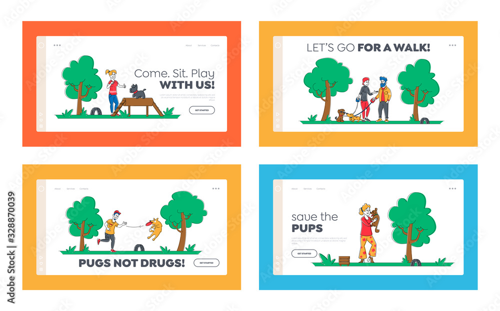 People Spend Time with Pets Outdoors Landing Page Template Set. Characters Walking and Playing with Dogs, Relaxing Open Air. Leisure, Communication Love, Care of Animals. Linear Vector Illustration