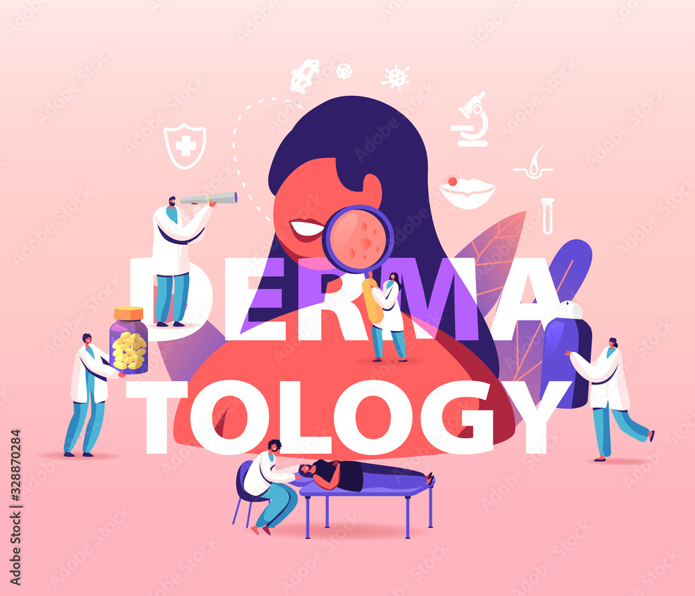Vecteur Stock Dermatology Concept. Tiny Doctors Characters around of