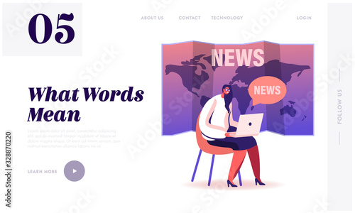 Fake News Landing Page Template. Female Character with Laptop Sit on World Map Background Reading Social Media Information in Internet, Broadcast Breaking News, Gossips. Cartoon Vector Illustration