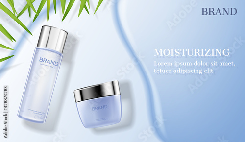 Cosmetic products on milk river with small leaves