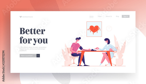 Checking Arterial Pressure Landing Page Template. Female Doctor Character Using Digital Device Tonometer for Measuring Patient Blood Pressure with Medical Equipment. Cartoon People Vector Illustration