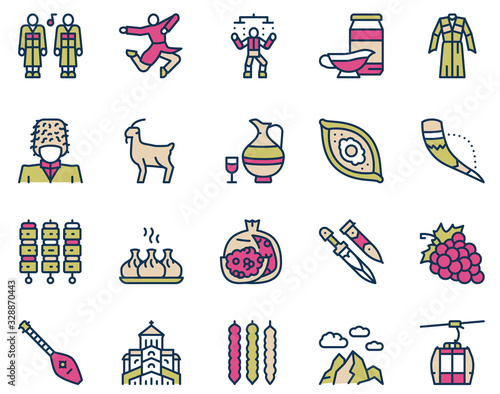Georgia color linear icon set. Georgian culture, food and traditions