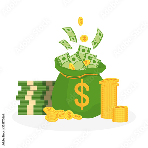 Green bank bag. Metaphor of success and wealth, greed and stinginess.