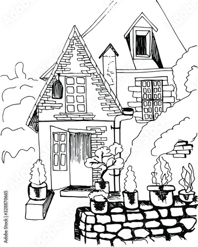 Hand drawn sketch of house in countryside