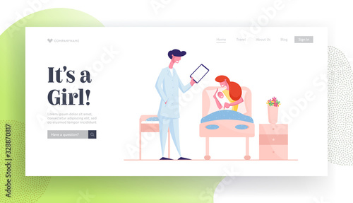 Maternity Landing Page Template Happy Woman Character Holding Newborn Child Lying in Bed at Delivery Hospital Chamber Listening Doctor Recommendations, Mom and Kid. Cartoon People Vector Illustration