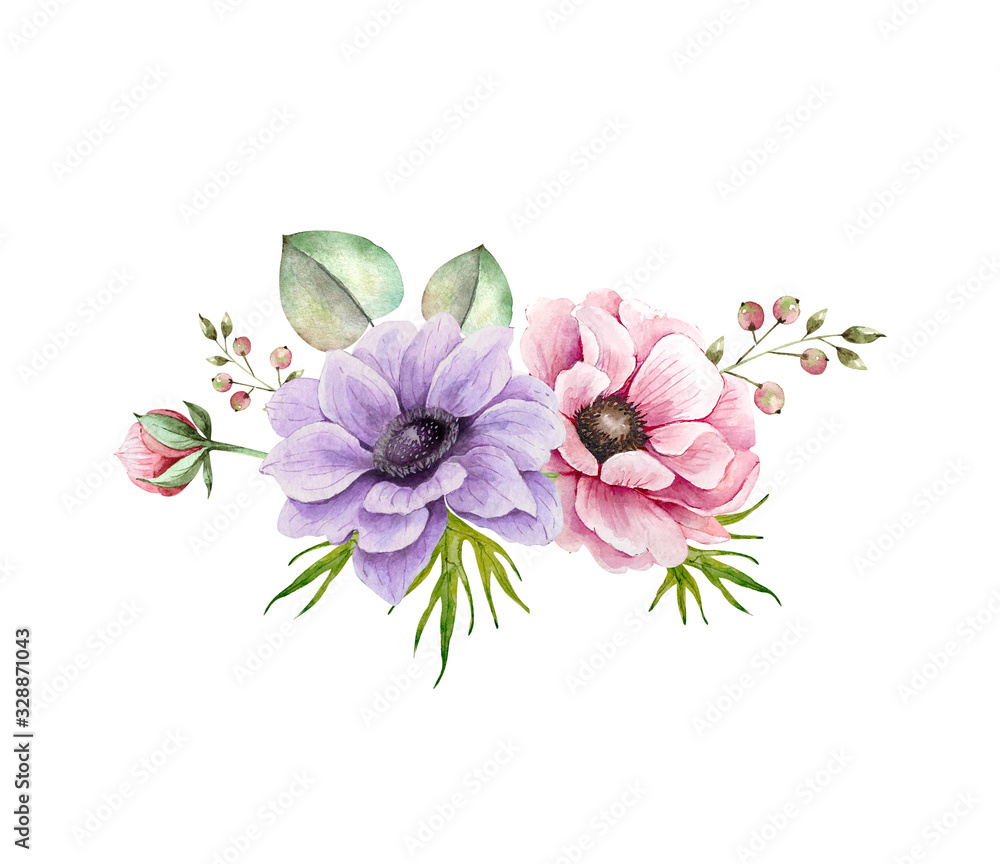 Fototapeta premium bouquet with delicate flowers of pink and lilac anemones, watercolor illustration. bouquet for wedding invitations