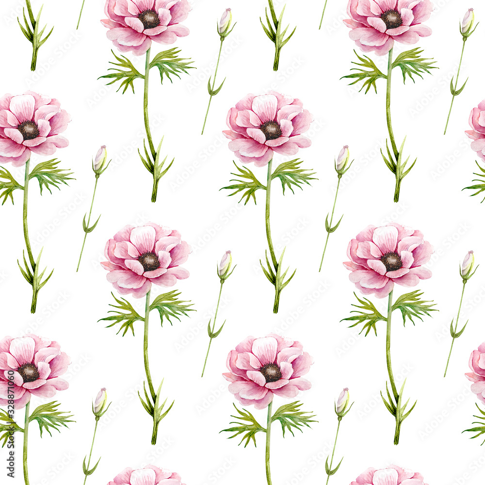 pattern with delicate pink flowers anemones on a white background, watercolor illustration pattern with delicate pink flowers anemones on a white background, watercolor illustration