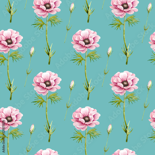 pattern with delicate pink flowers anemones on a blue background  watercolor illustration