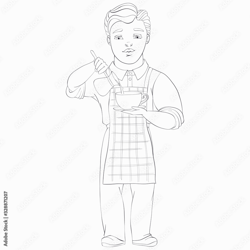 Barista pours milk into espresso. Line art vector cartoon character. Barista pours milk into espresso. Line art vector cartoon character.