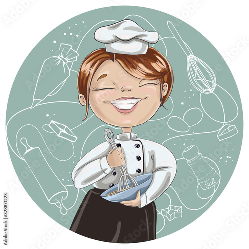 Chef in a cook hat holds a whisk and bowl. Girl kneads dough. Lettering vector illustration.