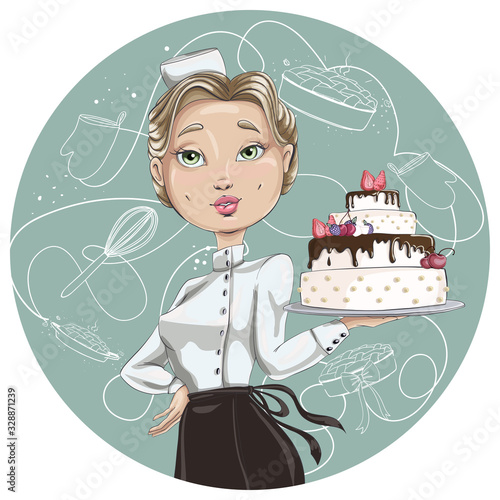 Confectioner in a cook hat holding a beautiful wedding cake. Vector cartoon character.
