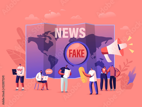 Fake News and Gossips. Tiny People Reading Newspapers and Social Media Information in Internet on World Map Background, False Info Fabrication Concept with Cartoon Characters. Vector Illustration