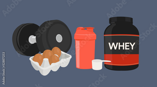 Vector Isolated Illustration of Protein Powder Bottle, a Shaker, Eggs and a Dumbbell