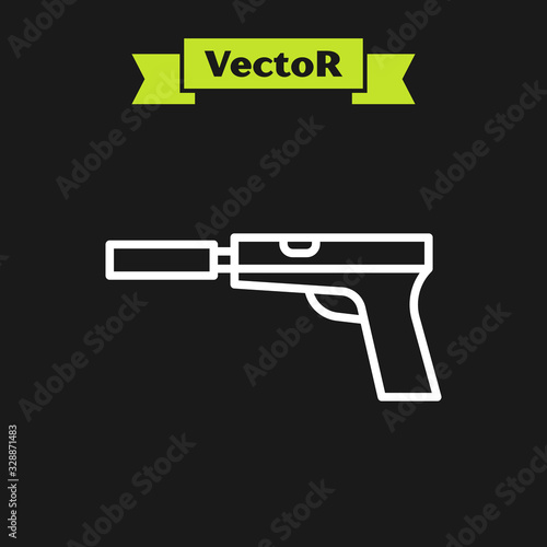 White line Pistol or gun with silencer icon isolated on black background. Vector Illustration