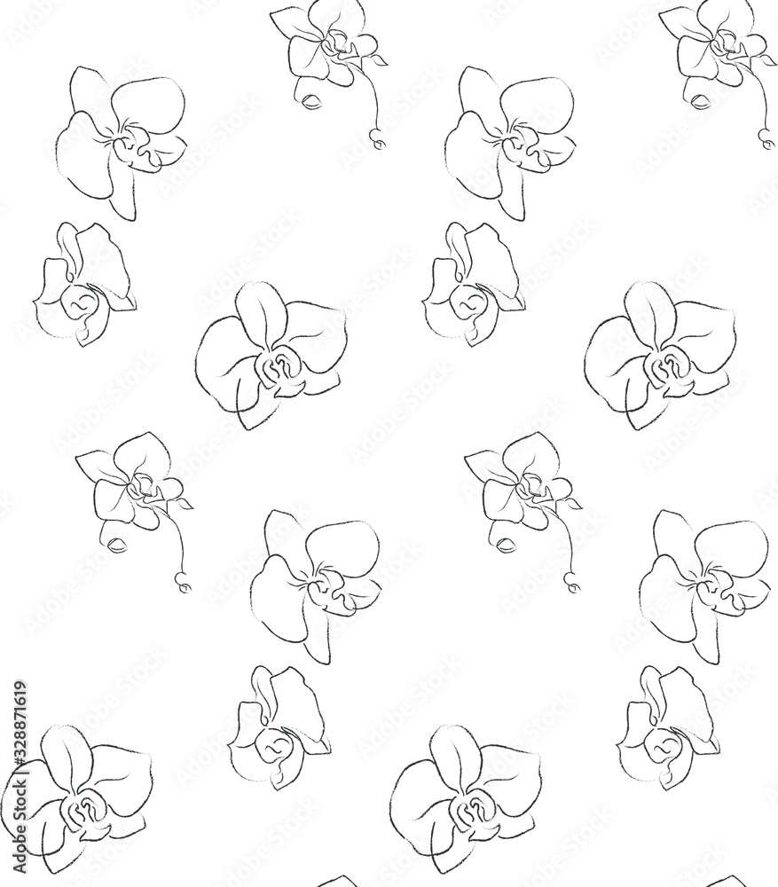 Vector Hand Drawn Line Drawing Doodle Floral Seamless Pattern with Wildflowers, Plants, Branches, Leaves, orchid flowers. Design Elements Illustration. Branding. Swatch