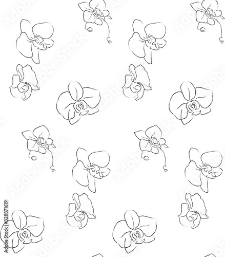 Vector Hand Drawn Line Drawing Doodle Floral Seamless Pattern with Wildflowers, Plants, Branches, Leaves, orchid flowers. Design Elements Illustration. Branding. Swatch