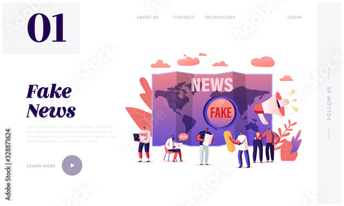 Fake News and Gossips Landing Page Template. Tiny People Reading Newspapers and Social Media Information in Internet, False Info Fabrication Concept with Cartoon Characters. Vector Illustration