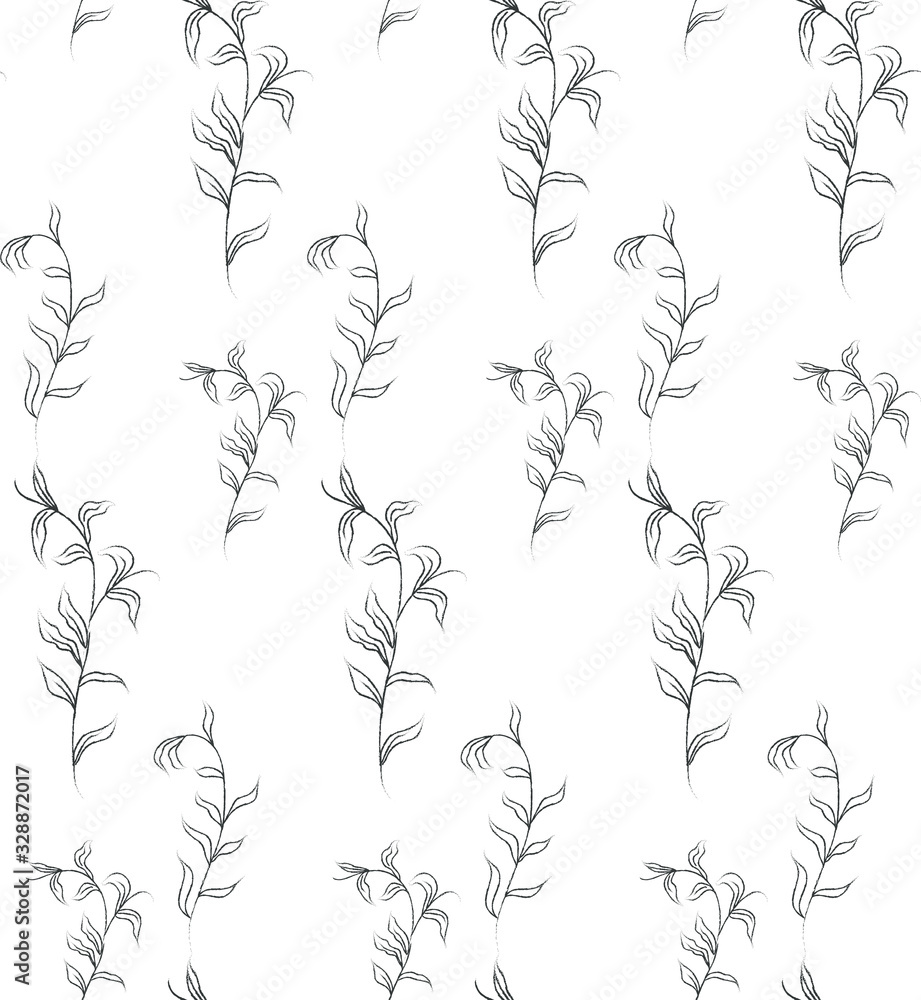 Fototapeta premium Vector Hand Drawn Line Drawing Doodle Floral Seamless Pattern with Wildflowers, Plants, Branches, Leaves. Design Elements Illustration. Branding. Swatch