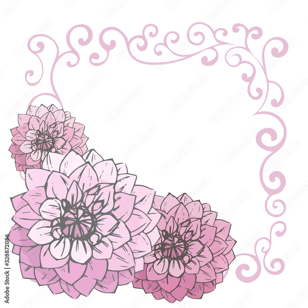 Wedding floral invitation, save the date card: dahlia on white background with curl frame. Elegant rustic template. All elements are isolated and editable Wedding floral invitation, save the date card: dahlia on white background with curl frame. Elegant rustic template. All elements are isolated and editable