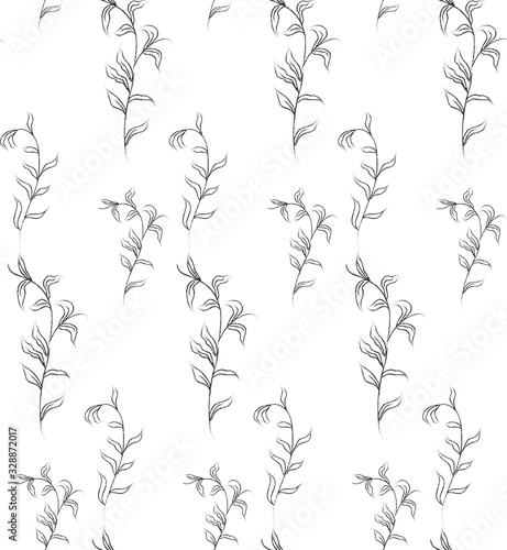 Vector Hand Drawn Line Drawing Doodle Floral Seamless Pattern with Wildflowers, Plants, Branches, Leaves. Design Elements Illustration. Branding. Swatch
