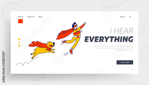 Happy Boy and Dog Superhero Characters Flying Landing Page Template. Kid Super Hero in Red Cloak and Glasses Ready to Win. Happy Smiling Child Success, Winner, Leadership. Linear Vector Illustration