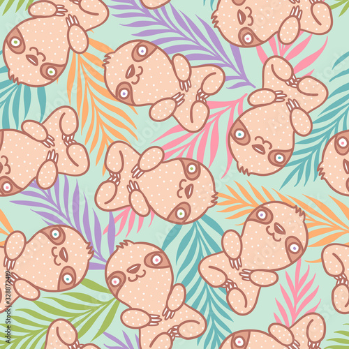 Tropical pattern with cute sloth