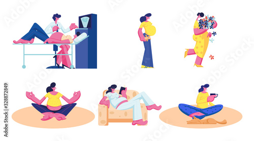 Set of Happy Pregnant Woman Waiting Baby Exercising in Gym, Visiting Ultrasound, Female Character Fitness Sports Activity, Yoga Meditation in Lotus Pose, Drink Tea. Cartoon People Vector Illustration © Sergii Pavlovskyi