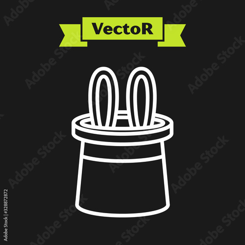 White line Magician hat and rabbit ears icon isolated on black background. Magic trick. Mystery entertainment concept. Vector Illustration