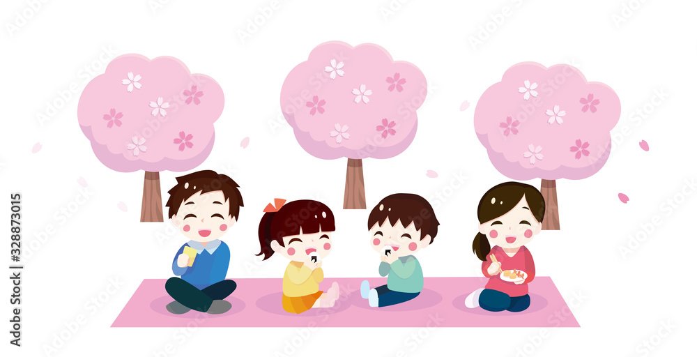 Illustration of a family watching cherry blossoms under a cherry tree Illustration of a family watching cherry blossoms under a cherry tree