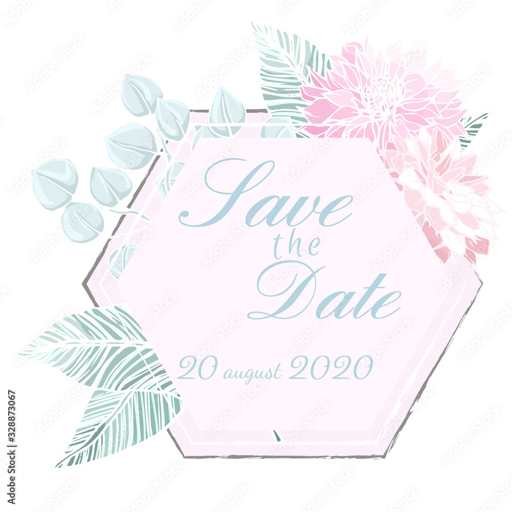 Wedding floral invitation, save the date card: dahlia, eucalyptus branches with geometric frame. Elegant rustic template. All elements are isolated and editable