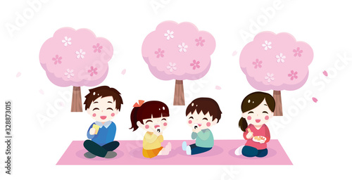 Illustration of a family watching cherry blossoms under a cherry tree