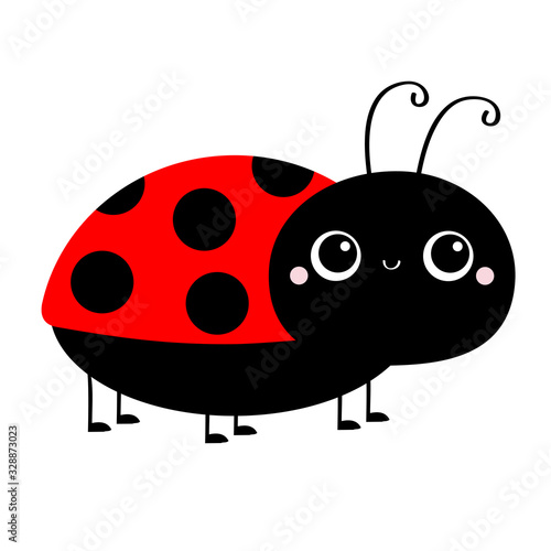 Lady bug ladybird insect icon print. Side view. Cute cartoon kawaii funny baby character. Big eyes. Red black color. Love greeting card. Happy Valentines Day. Flat design. White background.