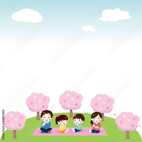 .Illustration frame of a family watching cherry blossoms under the blue sky