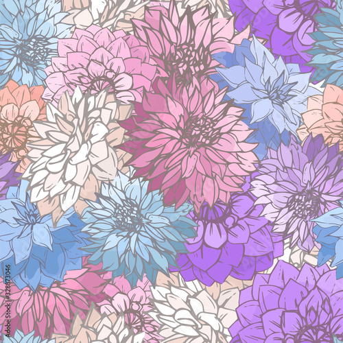 Hand-drawn dahlias seamless pattern. Colorful line art floral elements. Vector flowers on white background.