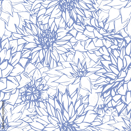Hand-drawn dahlias seamless pattern. Blue line art floral elements. Vector flowers on white background. © rinafioletovaya
